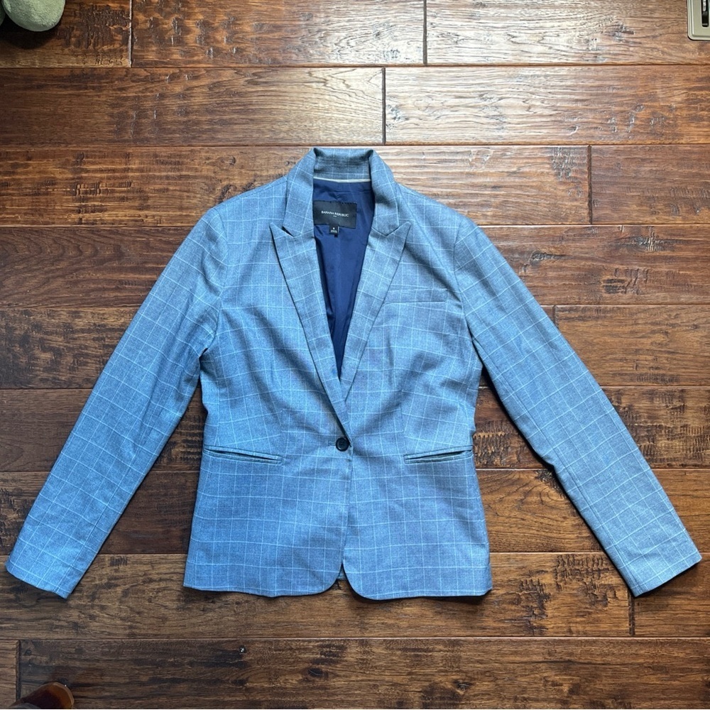 Banana Republic Size 8 Machine Washable Windowpane Blue Plaid One Button Blazer